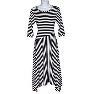 Soft Surroundings Vivianne Dress Sz XS Midi Blue White Stripe Asymmetric Raw Hem